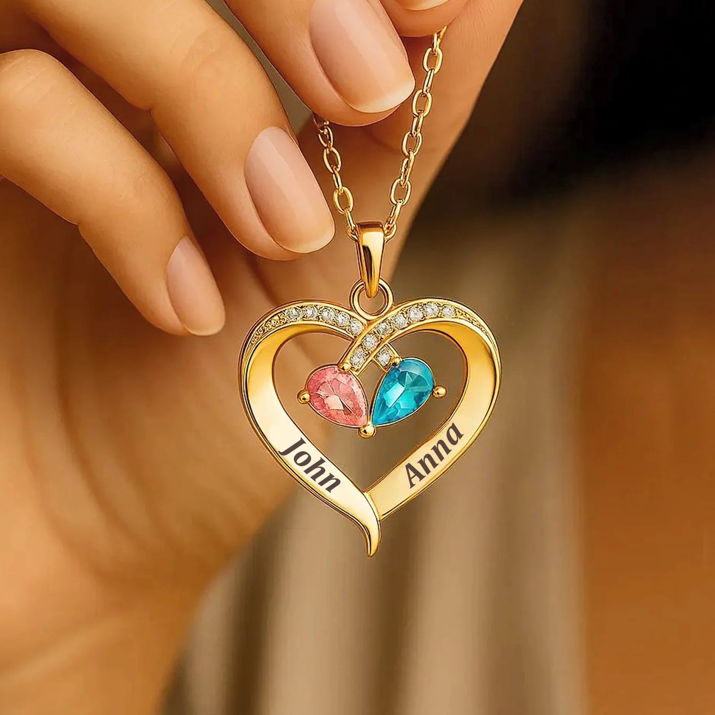 "Eternal Bond" – Personalized Two Heart Birthstone Necklace